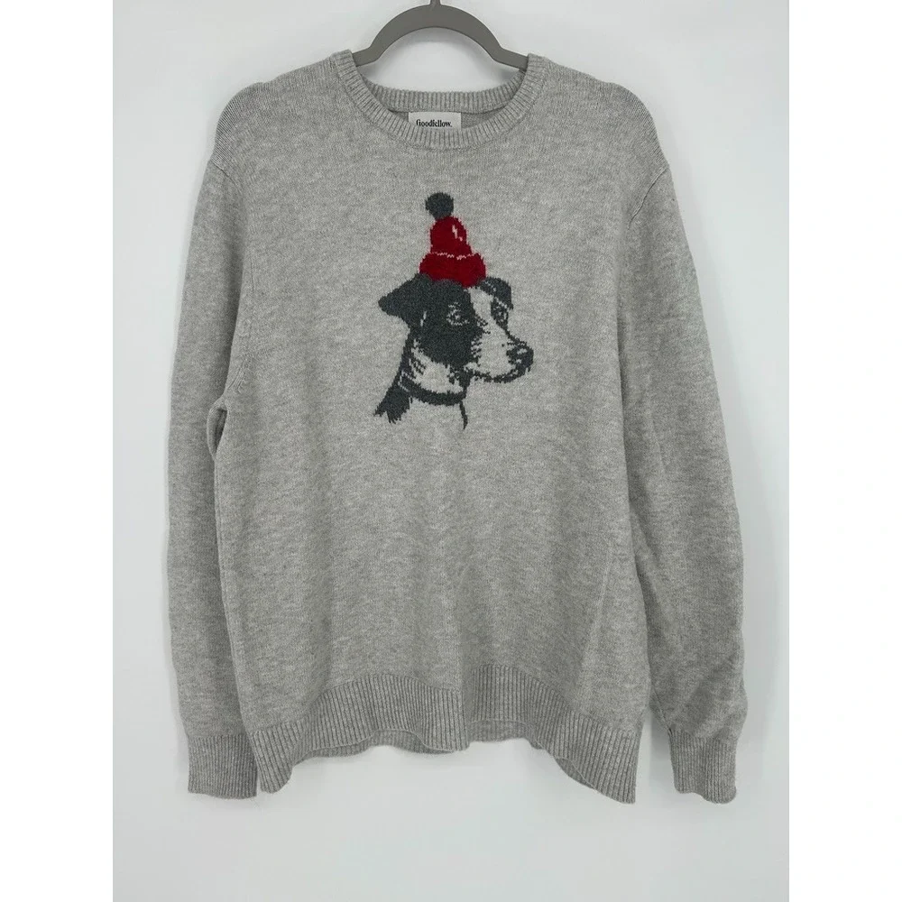 Goodfellow & Co Mens L Gray Crewneck Sweater Dog Santa Hat Christmas Normcore